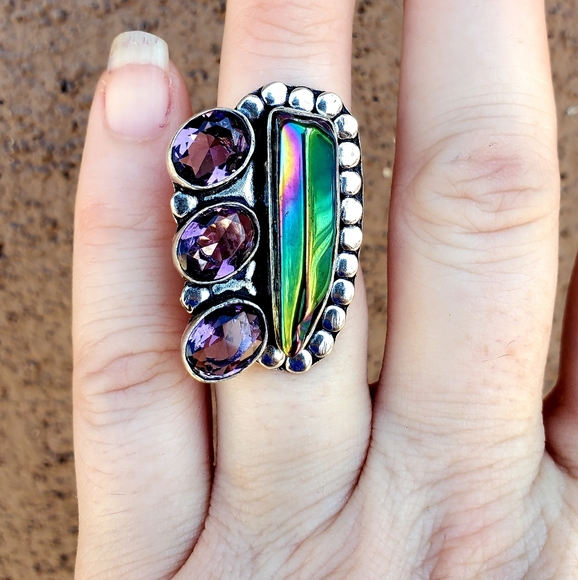 New Rainbow Hematite and Amethyst 925 Silver Ring. - Picture 8 of 16